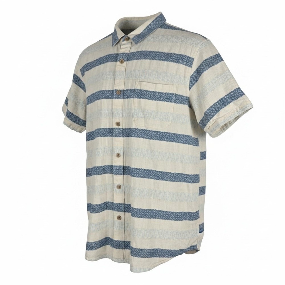 Lucky Brand Mens XL Blue Cream Striped Short Sleeve‎ Cotton Button Down Shirt
